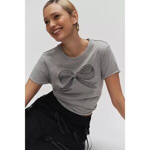 Maeve x Roomytown Gray Bow Graphic T Shirt Women's Size Medium Cotton Blend